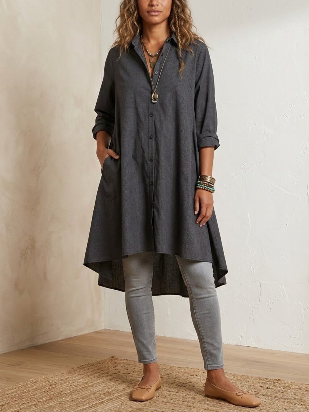 Bohemian Pocketed Shirt Dress 100% Cotton, Loose Fit, SZ M